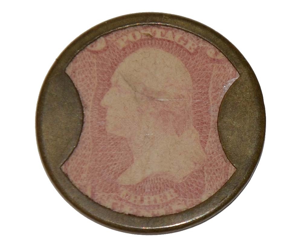 CIVIL WAR ENCASED STAMP CURRENCY COIN WITH AYER’S PILLS ADVERTISMENT 