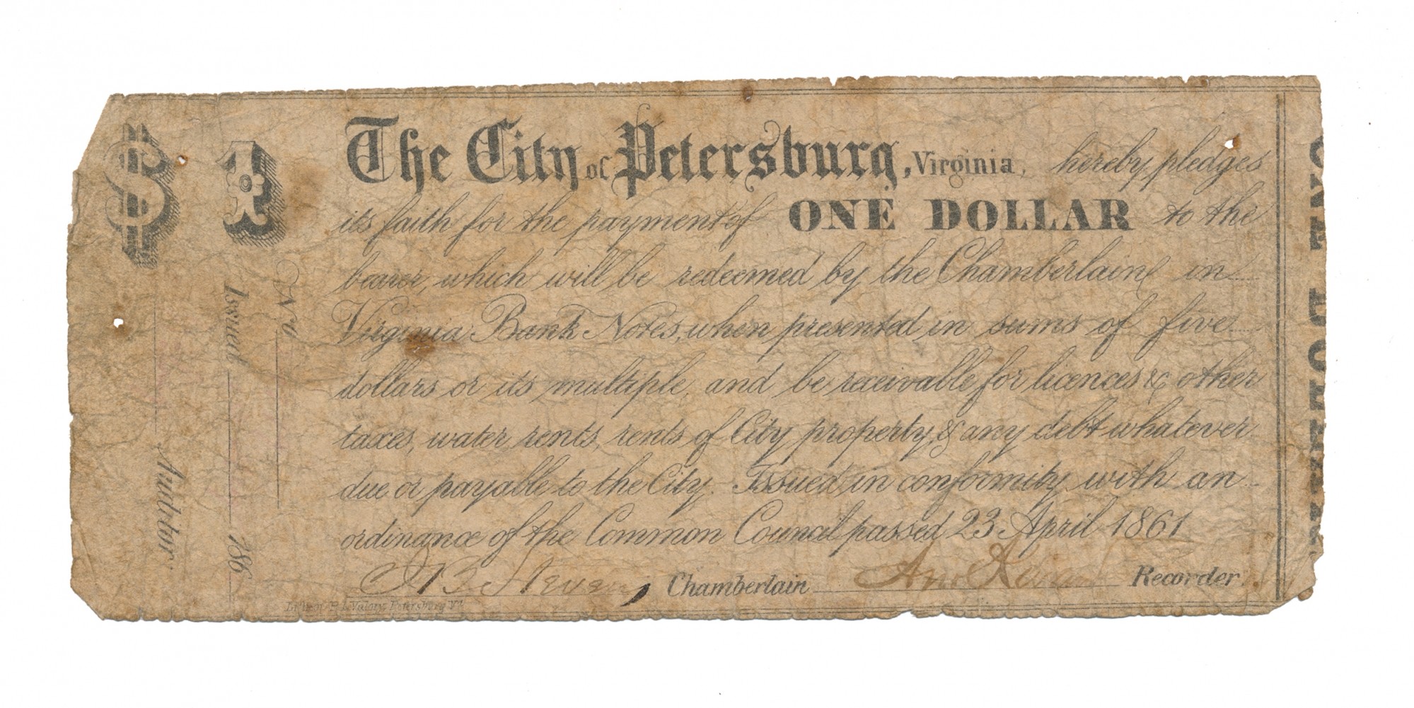 THE CITY OF PETERSBURG, VA $1 NOTE FROM THE COLLECTION OF LEE’S HEADQUARTERS MUSEUM, GETTYSBURG
