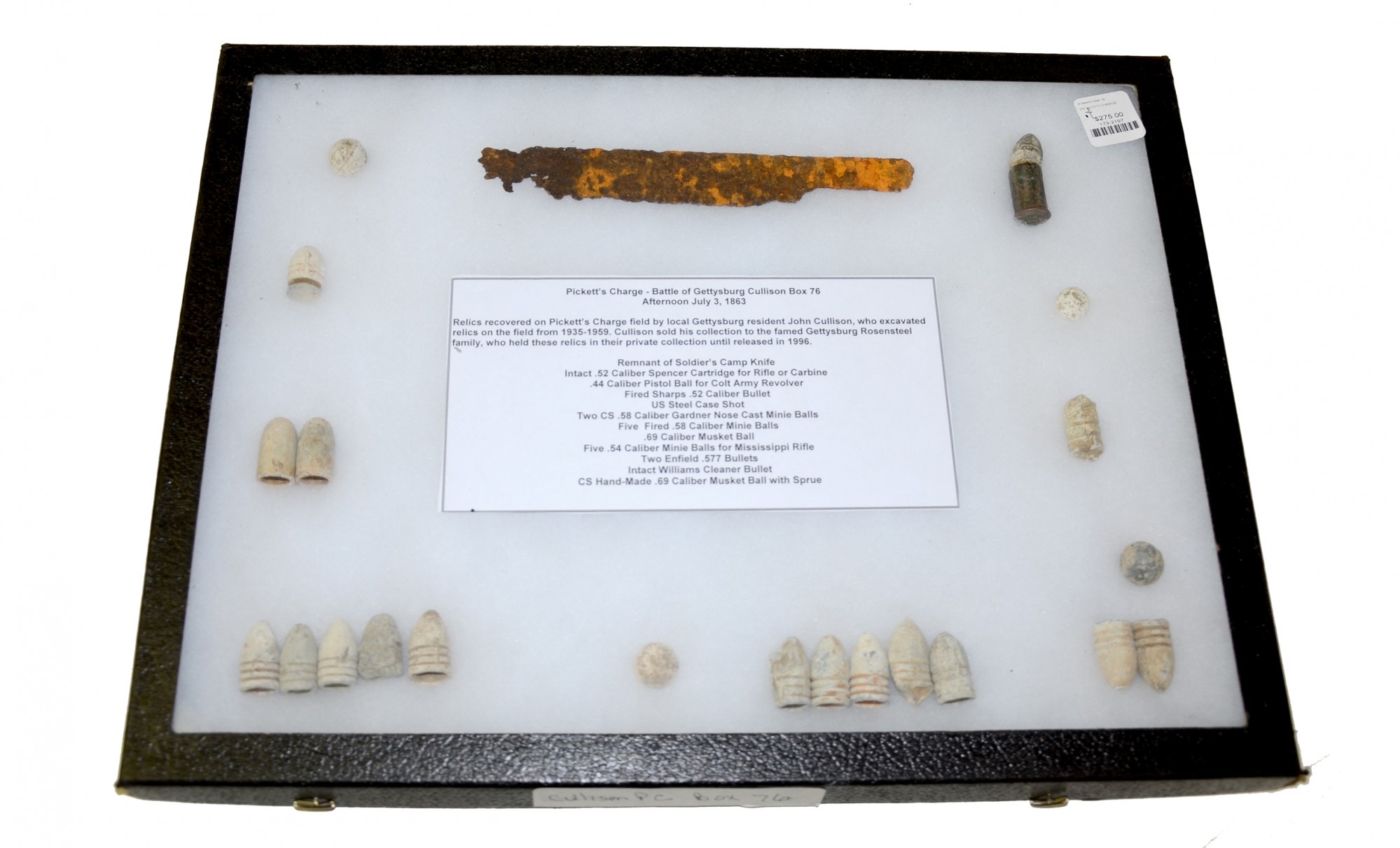 DISPLAY BOX OF RELICS FROM PICKETT’S CHARGE - ROSENSTEEL COLLECTION