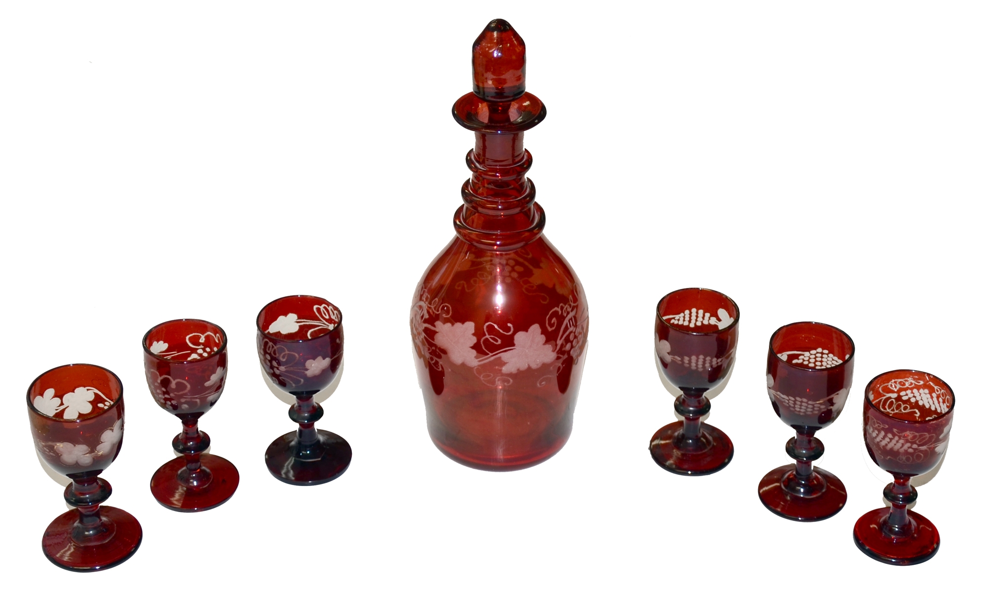 RUBY GLASS DECANTER WITH SIX WINE GLASSES