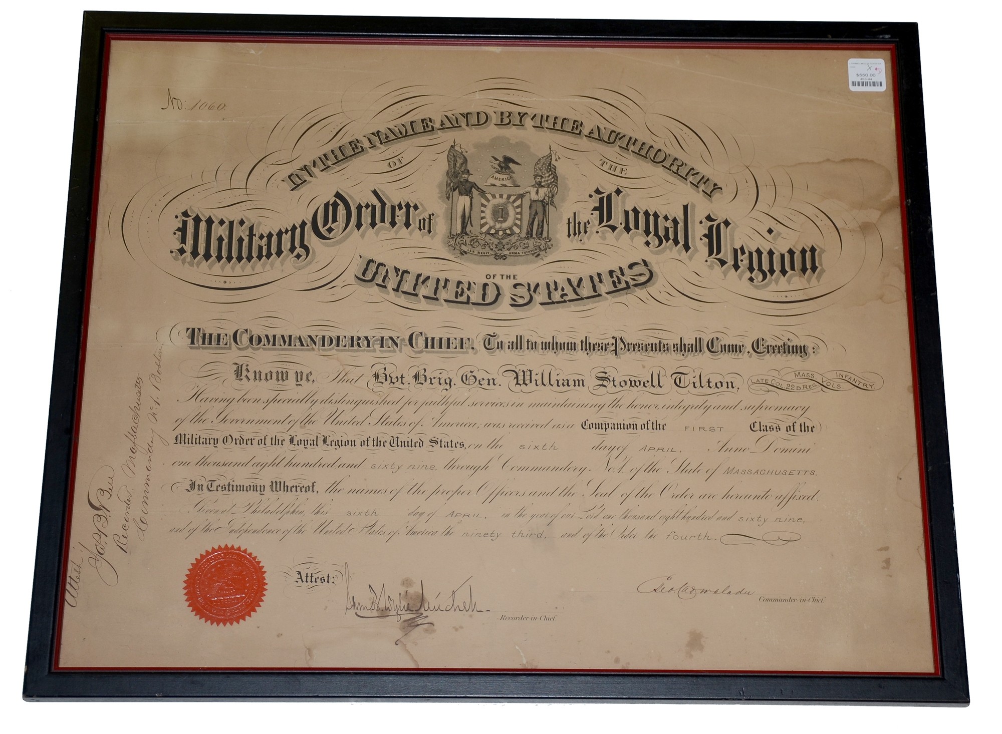 FRAMED MILITARY ORDER OF THE LOYAL LEGION CERTIFICATE FOR GETTYSBURG BRIGADE COMMANDER WILLIAM S. TILTON