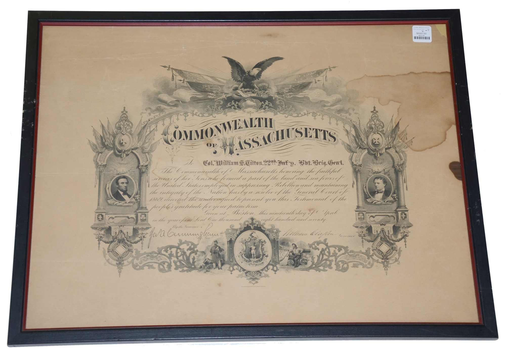 FRAMED COMMONWEALTH OF MASSACHUSETTS CIVIL WAR SERVICE DOCUMENT FOR GETTYSBURG GENERAL WILLIAM A. TILTON
