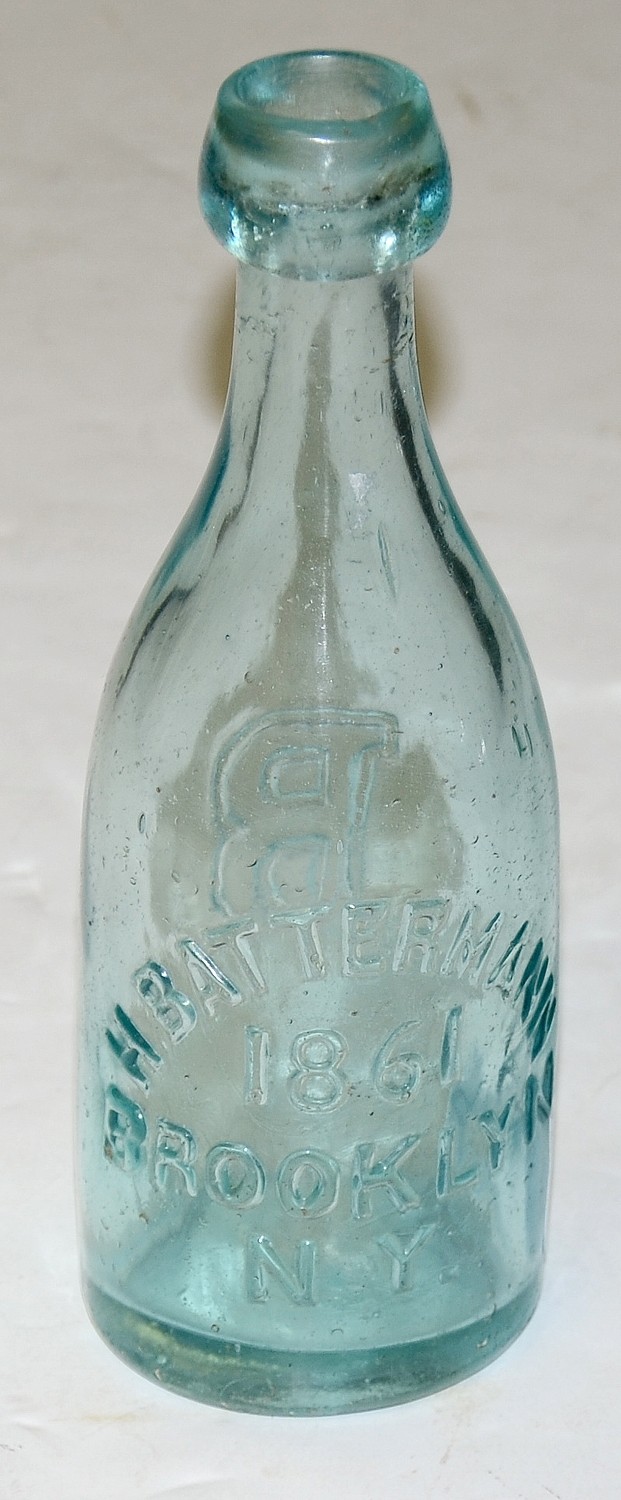 CIVIL WAR ERA AQUA GLASS MINERAL WATER BOTTLE, 1861