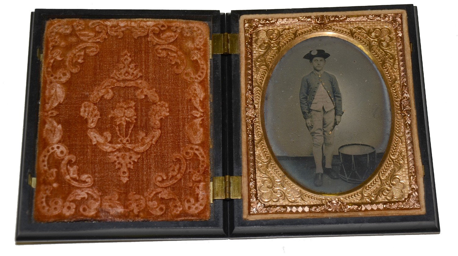 WONDERFUL QUARTER PLATE AMBROTYPE OF A MILITIA DRUMMER BOY