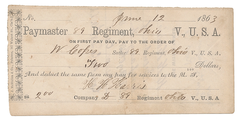 89th OHIO SUTLER SCRIP - H.H. HARRIS, COMPANY D — Horse Soldier