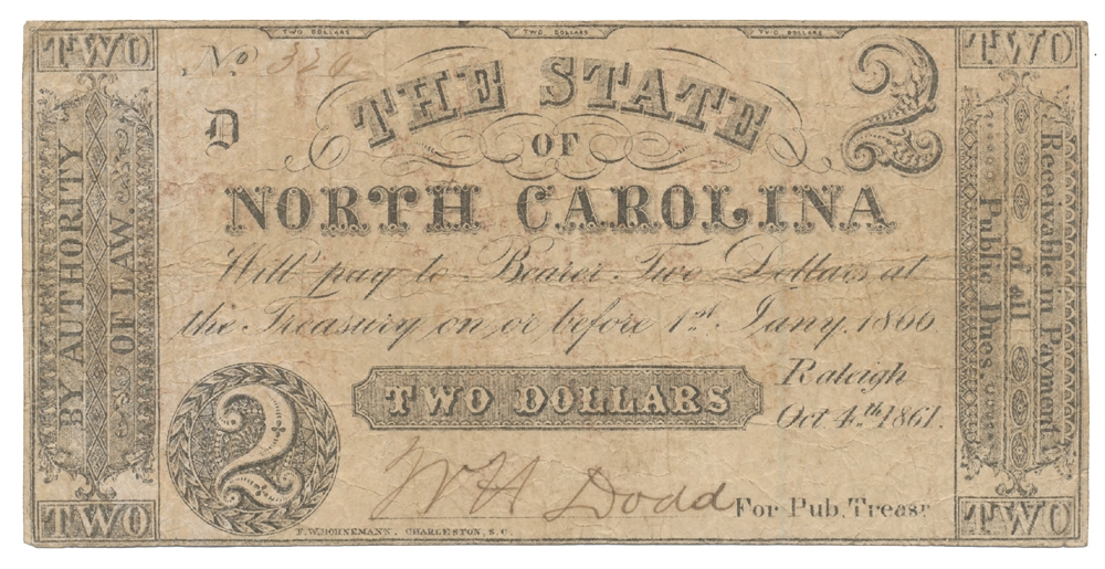 STATE OF NORTH CAROLINA TWO DOLLAR NOTE