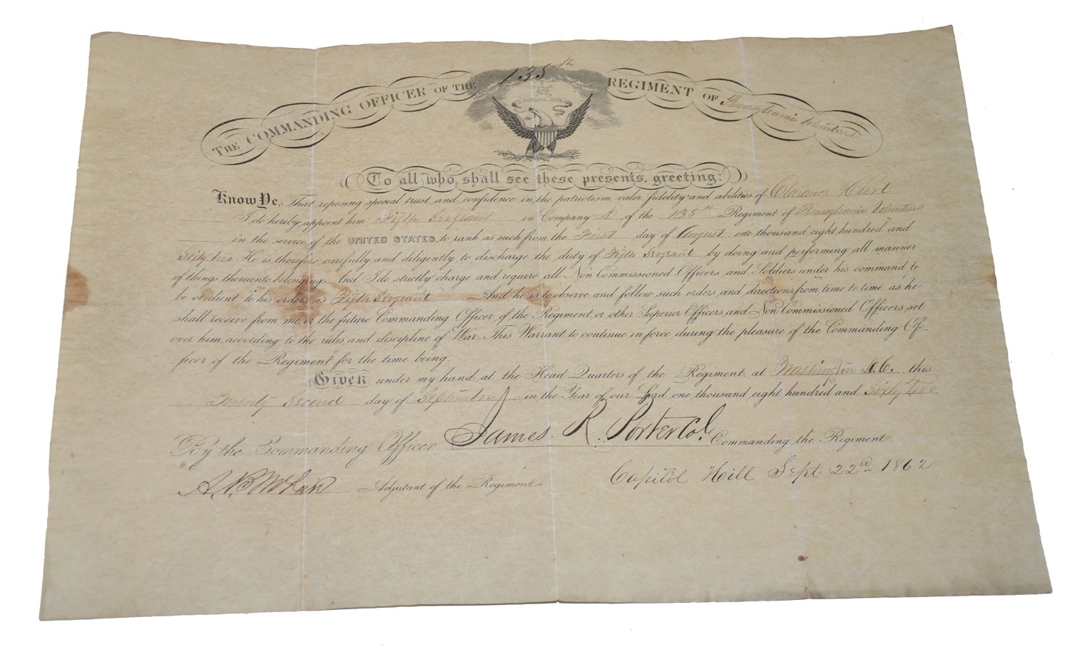 CW REGIMENTAL PROMOTION WARRANT - SGT. CLARENCE HART, 135TH PENNSYLVANIA INFANTRY