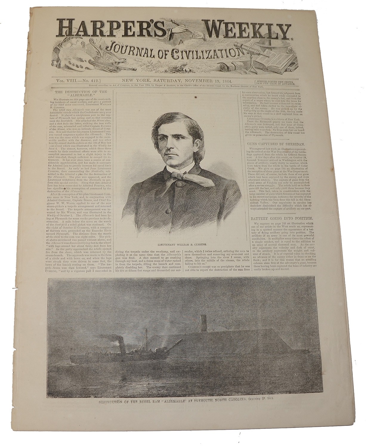 HARPER’S WEEKLY, NOVEMBER 19, 1864—LIEUTENANT WILLIAM B. CUSHING & THE CSS ALBEMARLE/GEN. SHERIDAN/HATCHER’S RUN