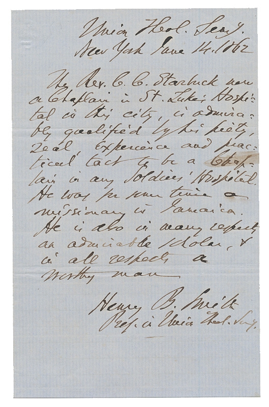1862 ALS PROFESSOR HENRY B. SMITH, UNION THEOLOGICAL SEMINARY IN NEW YORK