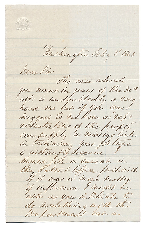 1865 ALS US CONGRESSMAN HENRY C. DEMING; FORMER COLONEL OF THE 12TH CONNECTICUT INFANTRY, WAR TIME MAYOR OF NEW ORLEANS 