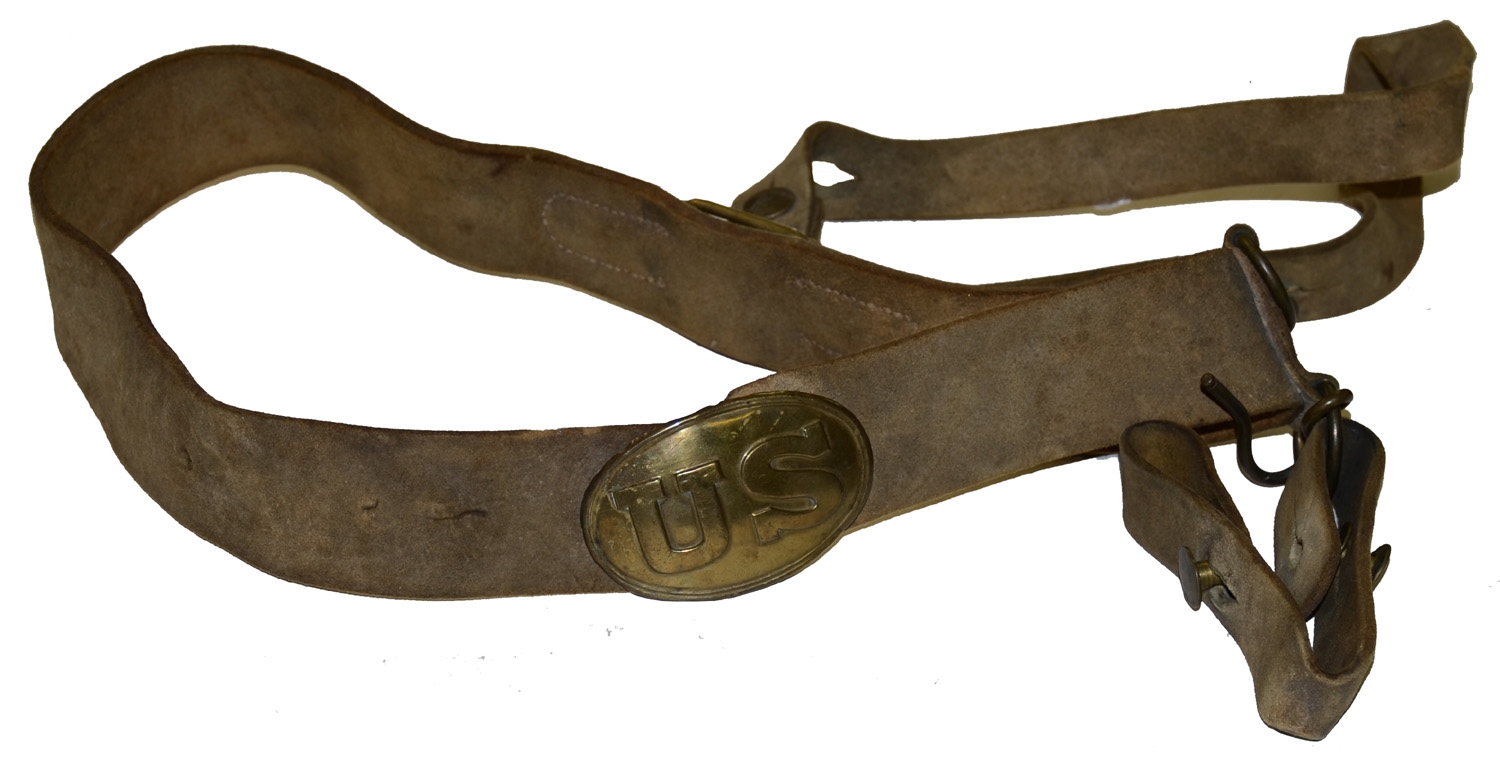WHITE BUFF LEATHER DRAGOON SWORD BELT WITH FIELD REPAIRED “US” BUCKLE