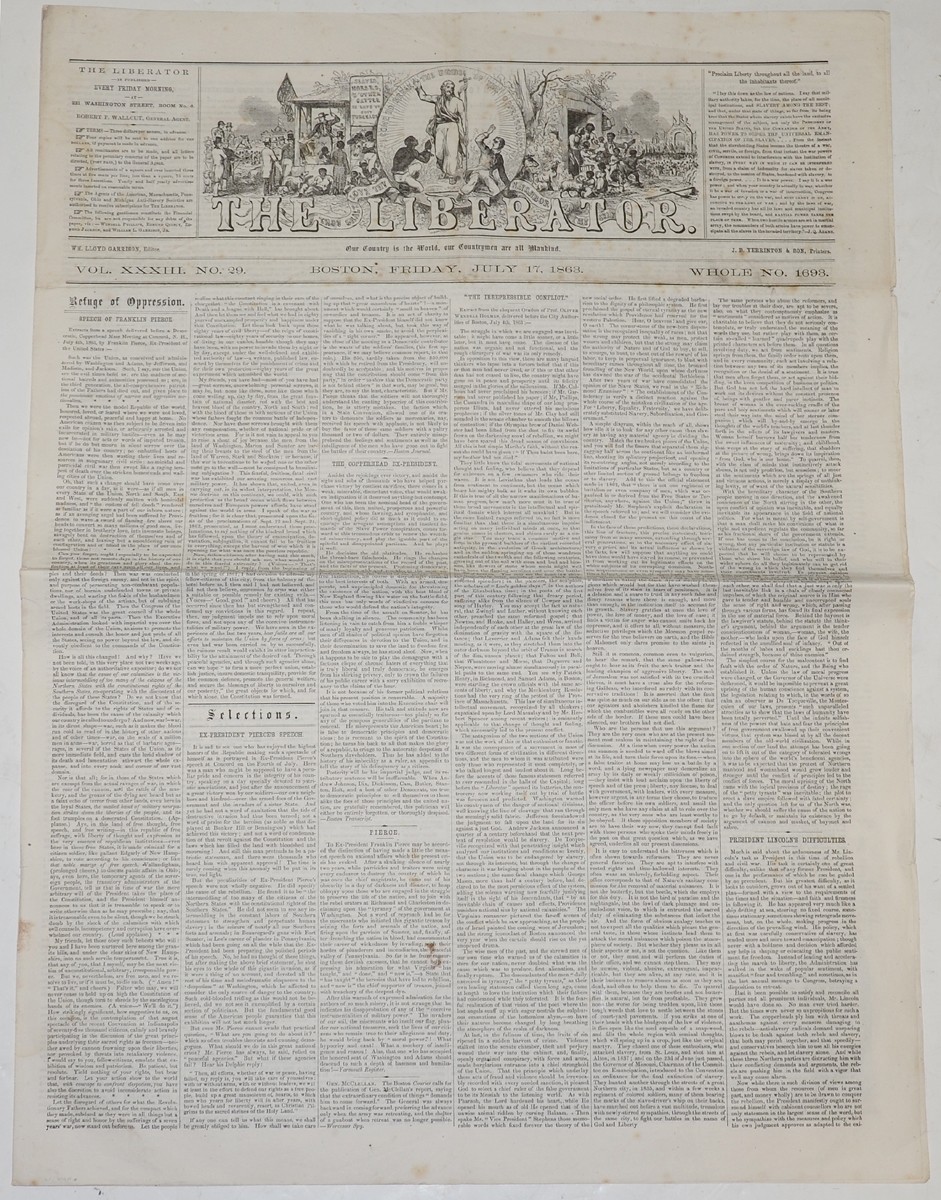 JULY 1863 ISSUE OF “THE LIBERATOR” NEWSPAPER EXTOLLING THE BRAVERY OF BLACK SOLDIERS