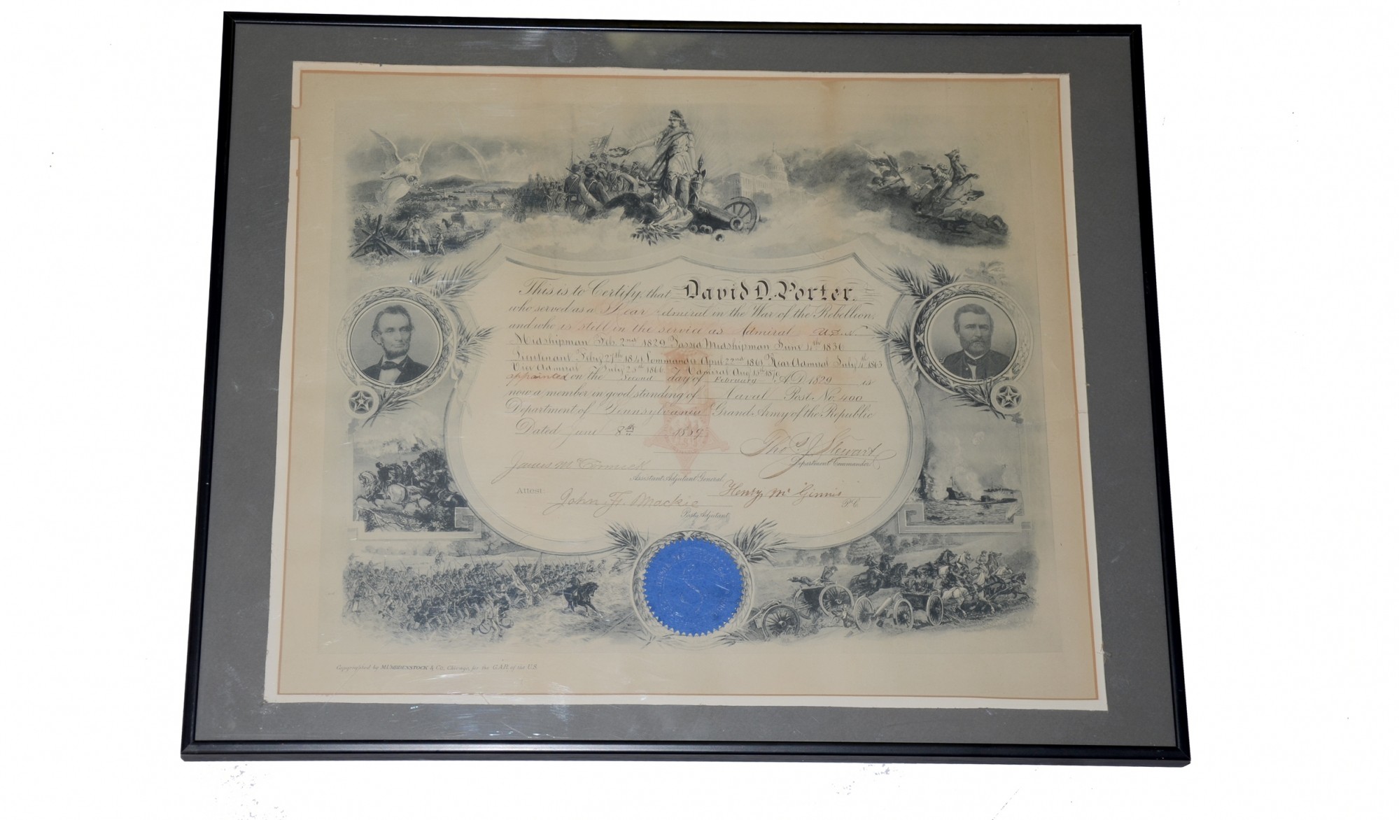 GAR MEMBERSHIP SCROLL, NAVAL POST. 400, DEPARTMENT OF PENNSYLVANIA — ADMIRAL DAVID D. PORTER