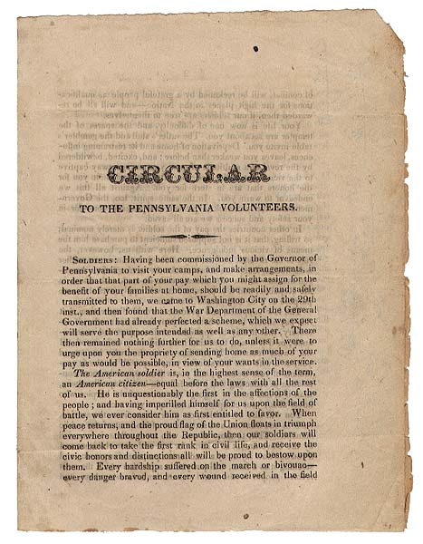 CIRCULAR TO THE PENNSYLVANIA VOLUNTEERS, WASHINGTON, NOV. 1. EDGAR COWAN, THOS. E. FRANKLIN, E. C. HUMES