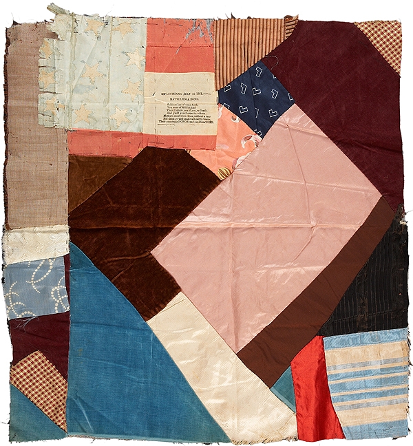 SECTION OF AN ENTIRELY HAND-STITCHED PATCHWORK QUILT TO WHICH IS ATTACHED A PORTION OF AN 11 STAR SILK CS FIRST NATIONAL