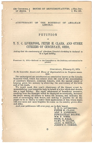CONGRESSIONAL CIRCULAR - ANNIVERSARY OF THE BIRTHDAY OF ABRAHAM LINCOLN: A PETITION ASKING THE CREATION OF A NATIONAL HOLIDAY