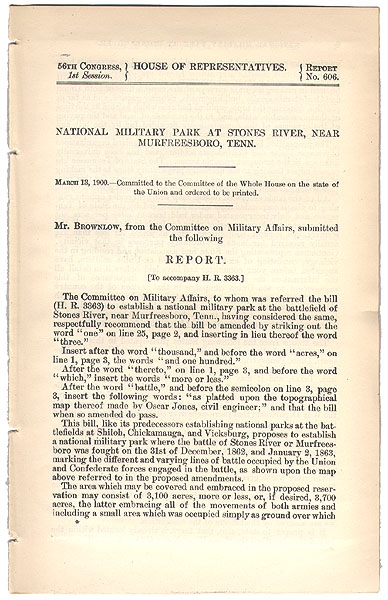 1900 CONGRESSIONAL REPORT REGARDING ESTABLISMENT OF NATIONAL MILITARY PARK AT STONES RIVER, TN