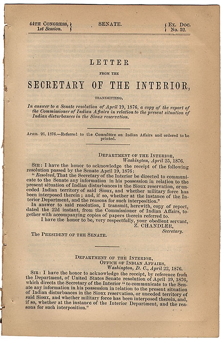 BATTLE OF THE LITTLE BIG HORN - LETTER OF THE SECRETARY OF THE INTERIOR