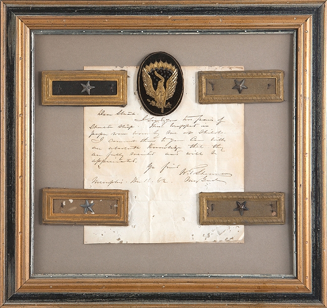 BRIGADIER GENERAL SHOULDER STRAPS WORN BY GEN. WILLIAM T. SHERMAN AT THE BATTLE OF SHILOH, WITH AUTOGRAPH LETTER SIGNED 