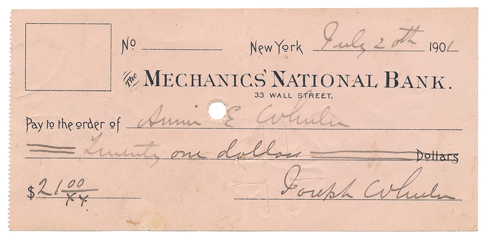 MECHANICS NATIONAL BANK CHECK SIGNED BY JOSEPH WHEELER, 1901