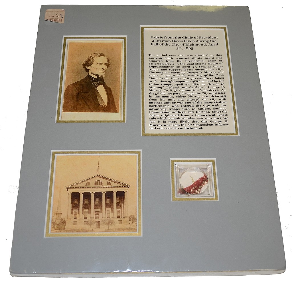 FABRIC FROM THE CHAIR OF PRESIDENT JEFFERSON DAVIS TAKEN DURING THE FALL OF RICHMOND