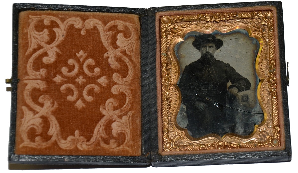 NINTH PLATE AMBROTYPE OF 15TH PENNSYLVANIA CAVALRY PRIVATE WITH SLIGHT DAMAGE