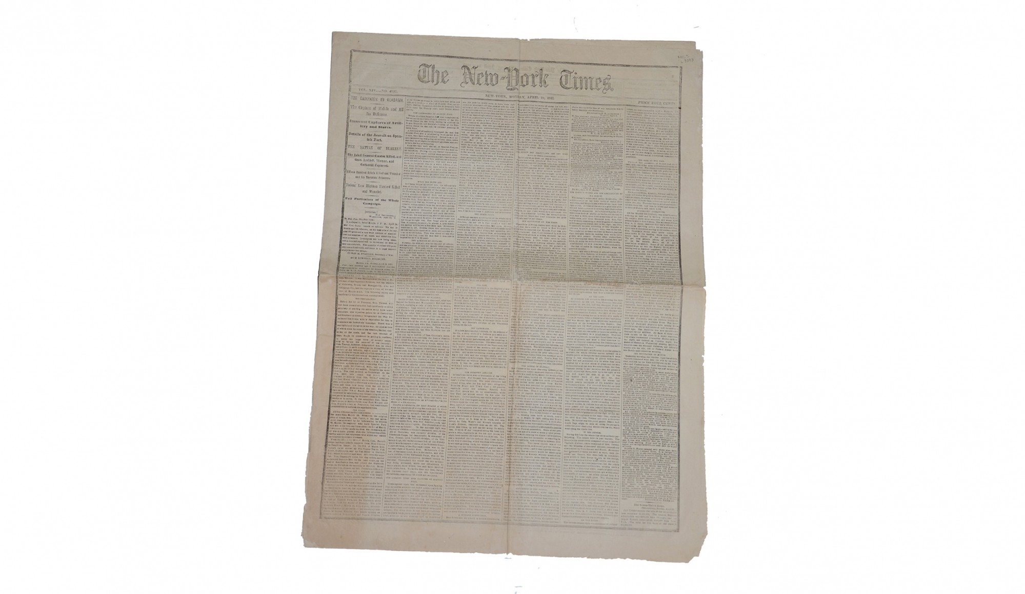 THE NEW YORK TIMES, APRIL 27, 1865 WITH BLACK MOURNING BORDER [BATTLE OF SPANISH FORT] 