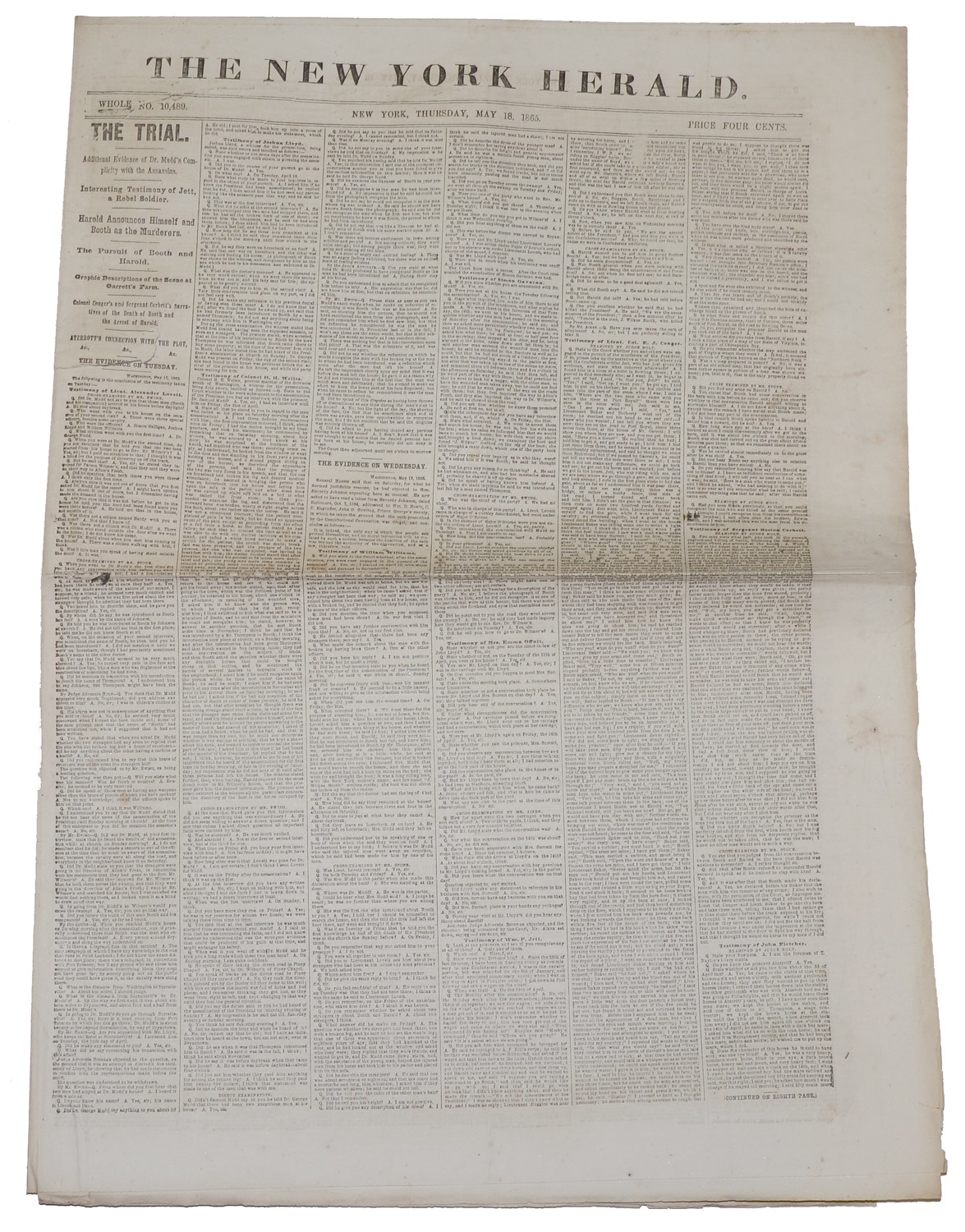 THE NEW YORK HERALD, MAY 18, 1865 – TRIAL OF THE LINCOLN ASSASSINATION CONSPIRATORS