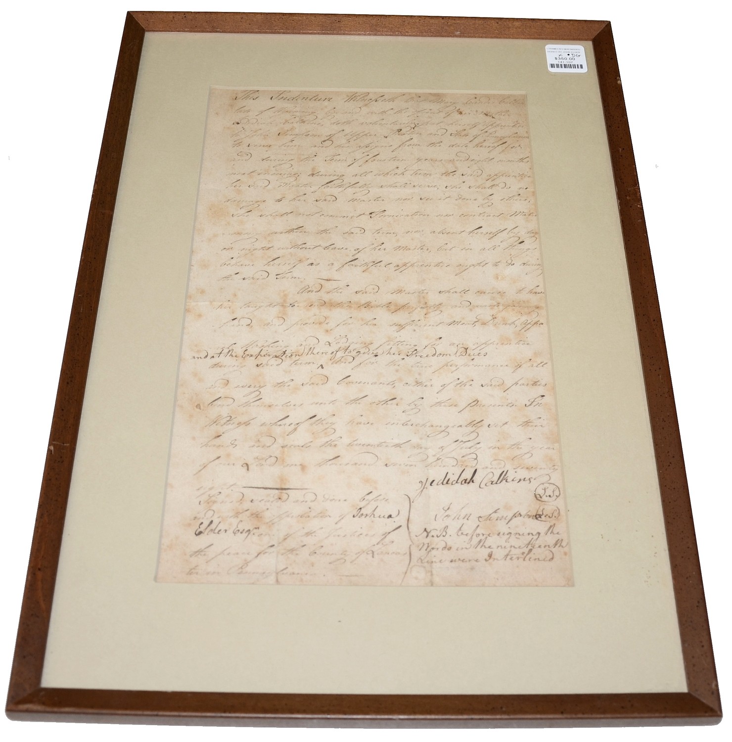 REVOLUTIONARY WAR ERA INDENTURE SIGNED BY JOSHUA ELDER, SON OF REV. JOHN ELDER OF PAXTON BOYS CONESTOGA MASSACRE FAME