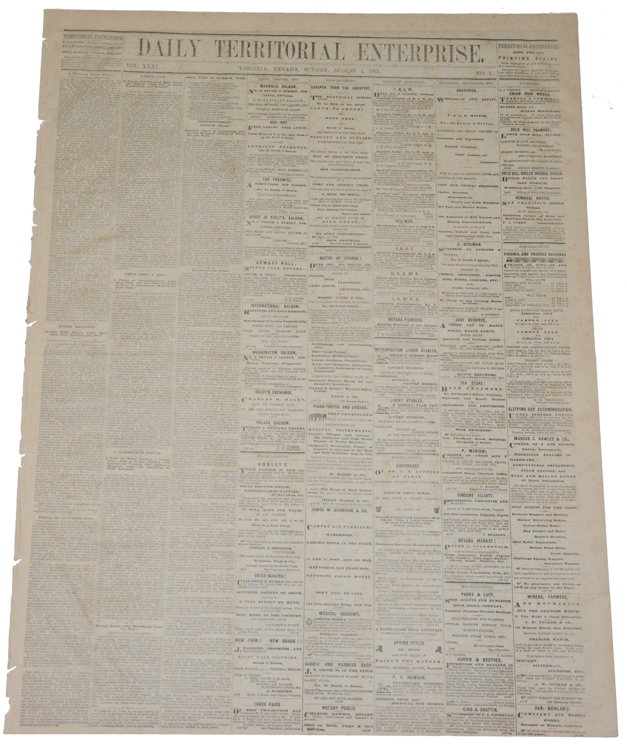 DAILY TERRITORIAL ENTERPRISE — VIRGINIA [CITY], NEVADA, AUGUST 1, 1875 [MARK TWAIN’S NEVADA NEWSPAPER]
