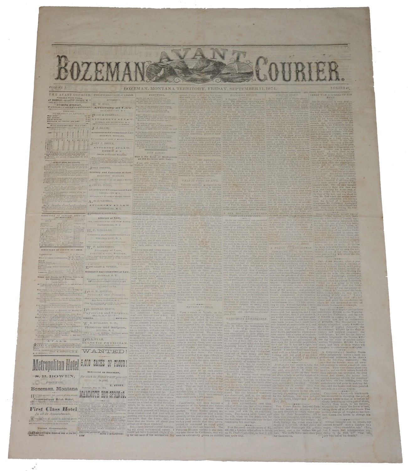 BOZEMAN AVANT COURIER/ MONTANA TERRITORY—SEPTEMBER 11, 1874 [BLACK HILLS EXPEDITION—SIOUX INDIAN WAR, 1876-77].