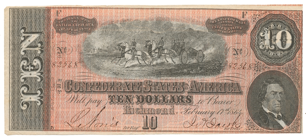 1864 CSA T-68 $10 NOTE FEATURING HORSE-DRAWN ARTILLERY PIECE