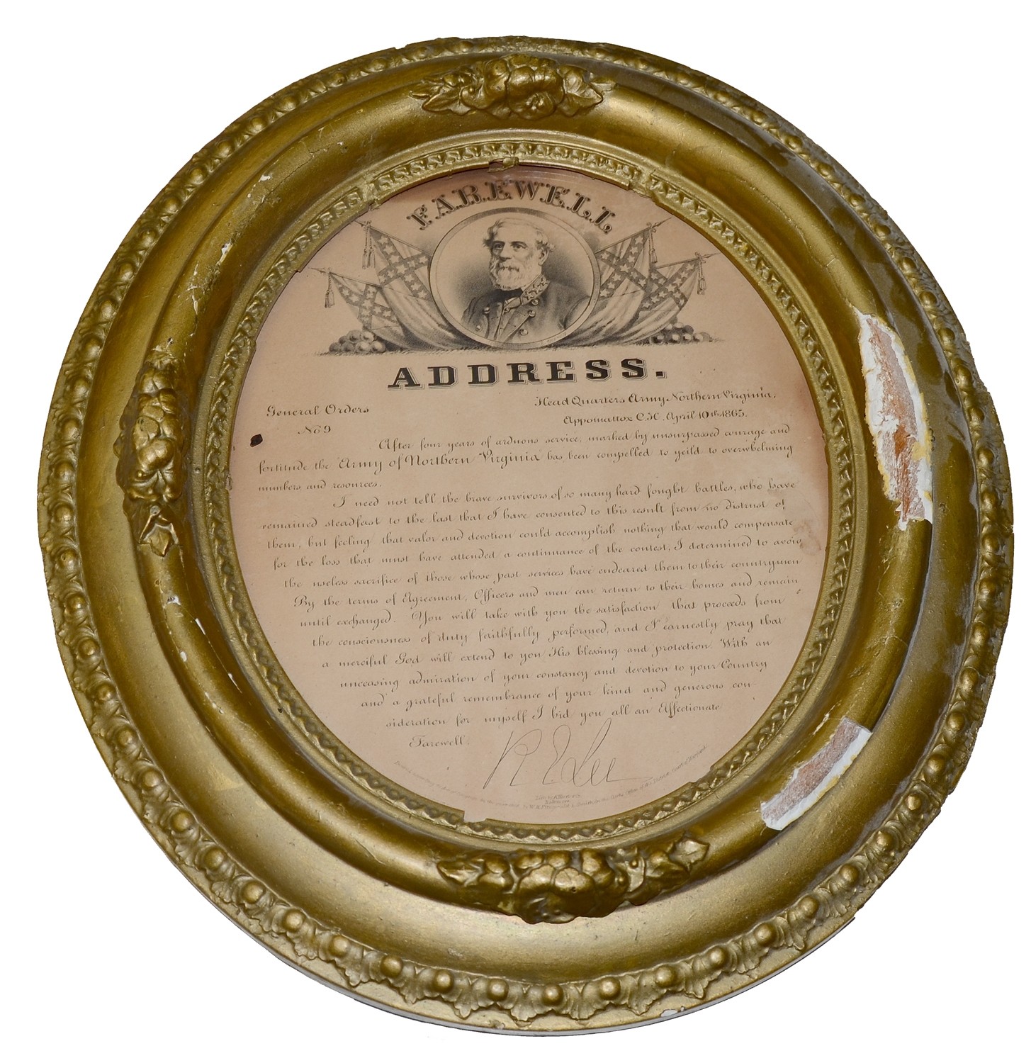 FRAMED FAREWELL ADDRESS OF GENERAL ROBERT E. LEE -1866