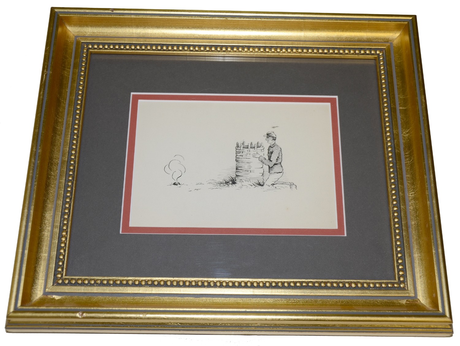 COMICAL PEN AND INK DRAWING OF A SOLDIER TAKING COVER FROM A SHELL