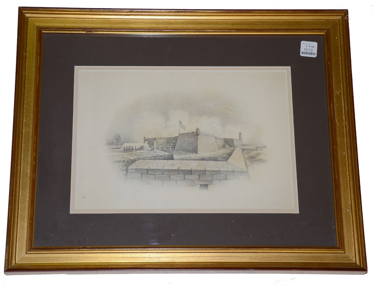 CIVIL WAR PERIOD PENCIL SKETCH OF US TROOPS AT THE CASTILLO DE SAN MARCOS, “FORT MARION,” ST. AUGUSTINE, FLORIDA