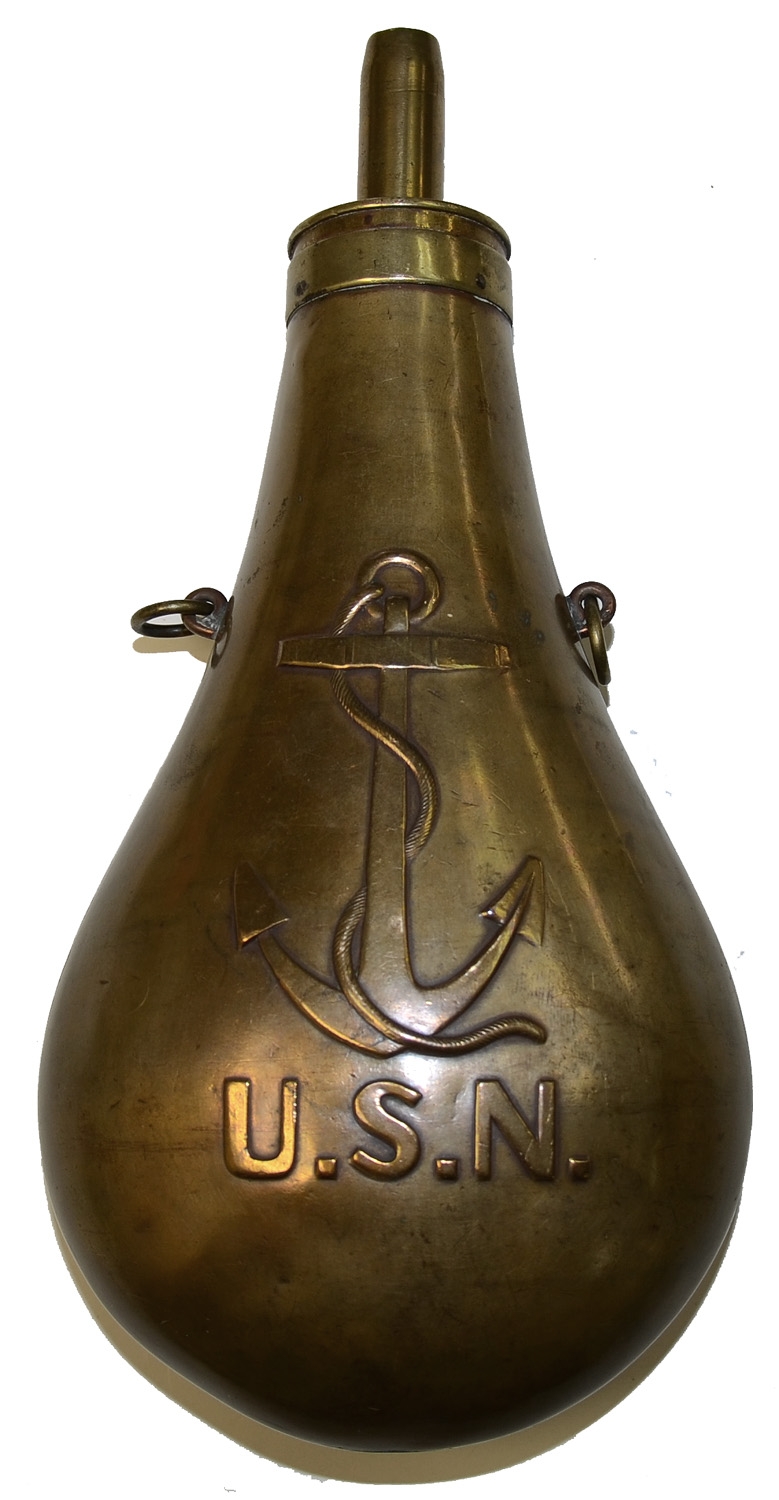 “USN” AMES POWDER FLASK, DATED “1845”. 