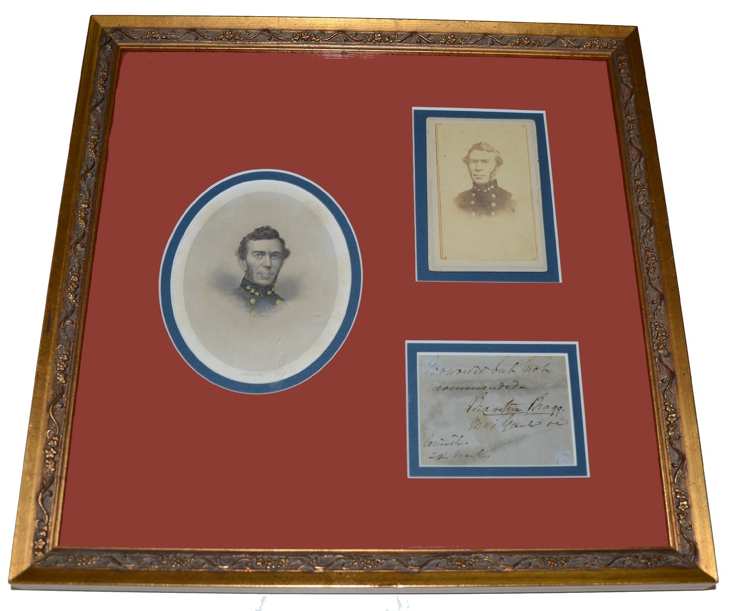 FRAMED SIGNATURE, CDV & LITHOGRAPH OF CONFEDERATE GENERAL BRAXTON BRAGG