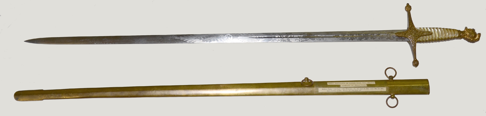 MILITIA OFFICER’S SWORD PRESENTED TO ORD. SGT. WILLIAM DALEY, 3RD MASSACHUSETTS BATTALION RIFLES; 25TH MASSACHUSETTS; MORTALLY WOUNDED AT COLD HARBOR, VA  