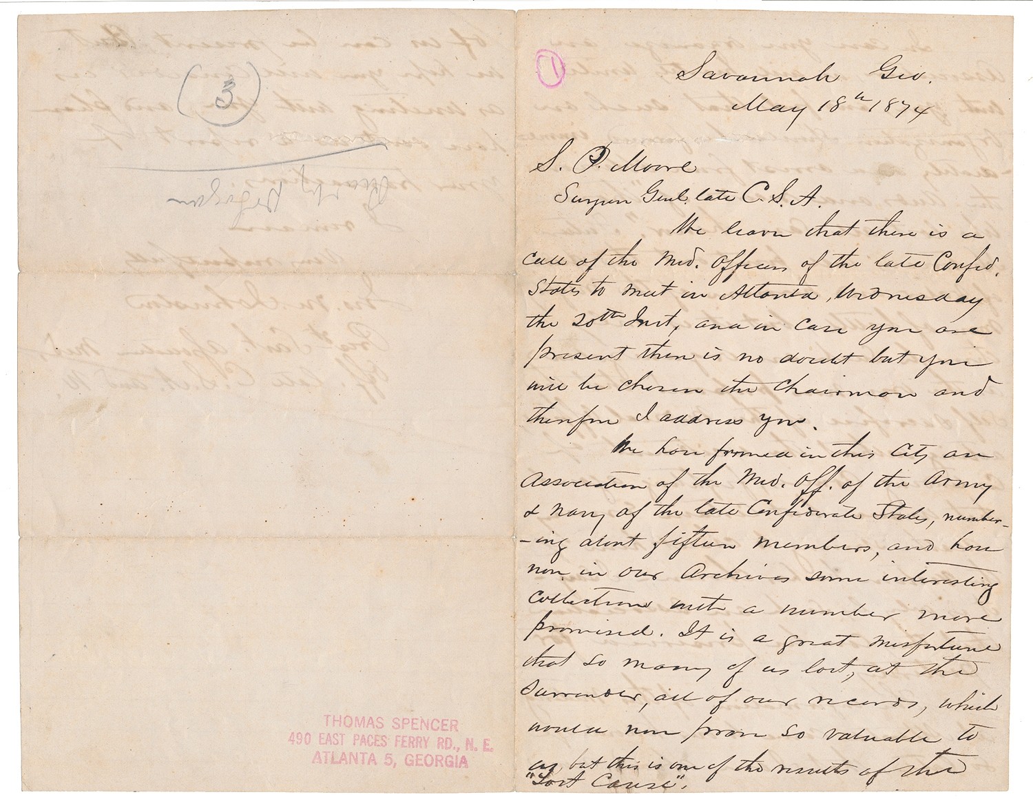 WONDERFUL LETTER TO CONFEDERATE SURGEON SAMUEL MOORE ABOUT FORMING CS MEDICAL ASSOCIATION