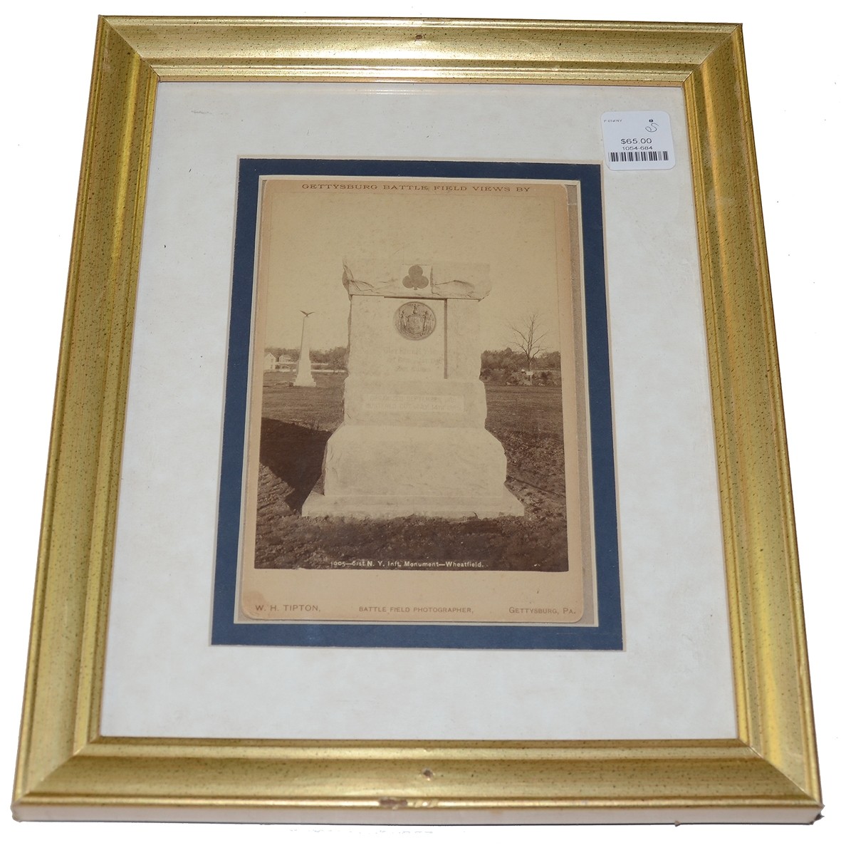 FRAMED CABINET CARD OF 61ST NEW YORK MONUMENT AT GETTYSBURG BY TIPTON
