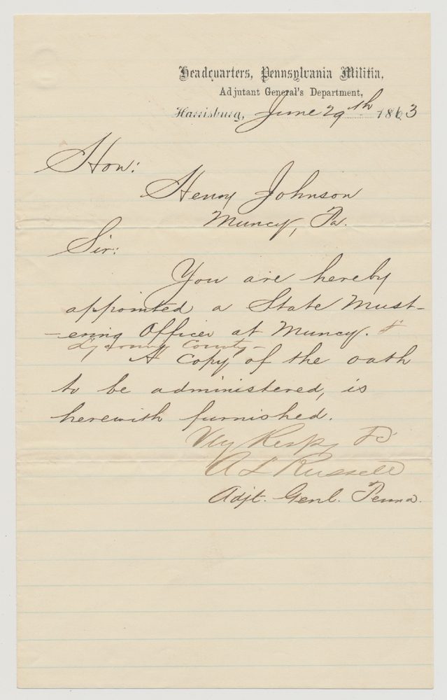 1863 LETTER SIGNED BY A.L. RUSSELL, ADJUTANT GENERAL OF PENNSYLVANIA