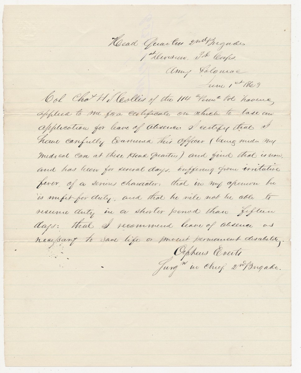 IMPORTANT 1863 SURGEON’S LETTER OF DISABILITY FOR COL. CHARLES T. COLLIS, 114TH PENNSYLVANIA INFANTRY