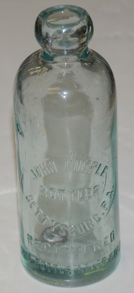 HUTCHINSON SODA BOTTLE – JOHN KIMPLE, GETTYSBURG, 1880’s-90’s