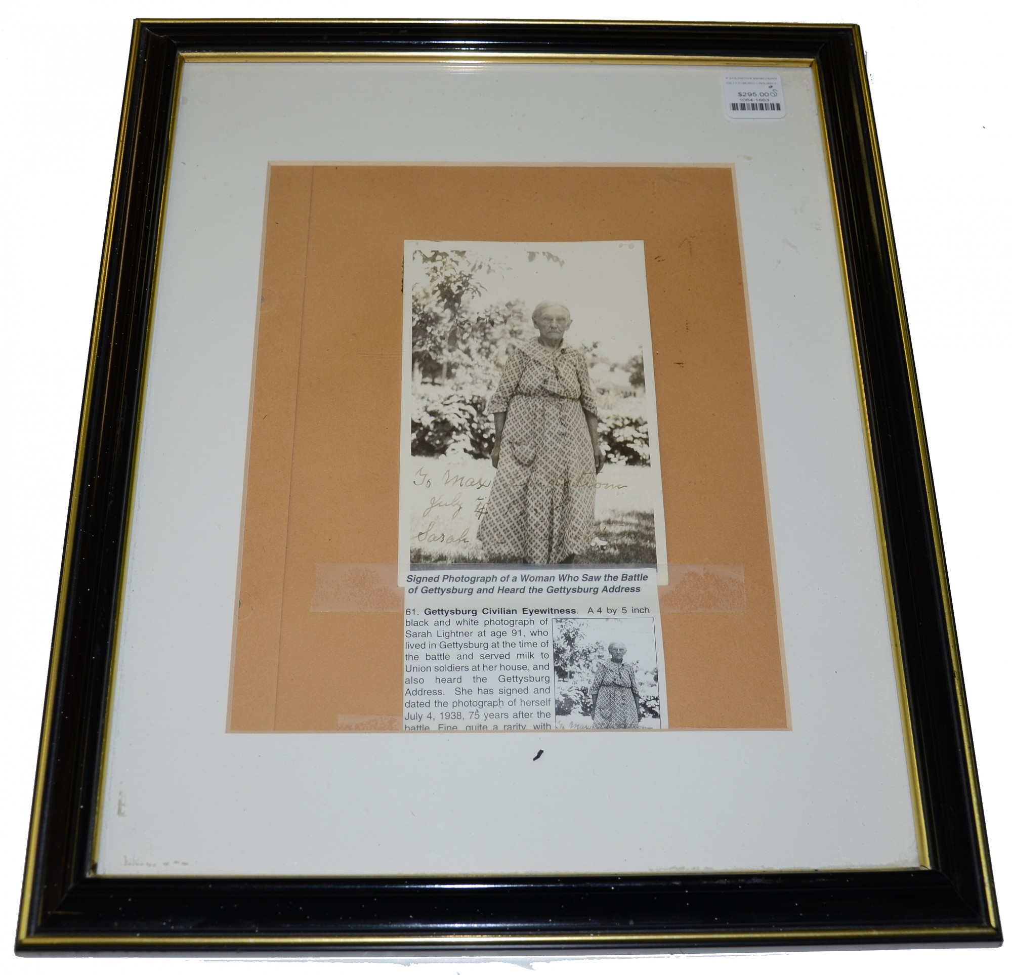FRAMED SIGNED PHOTO OF SARAH EPLEY LIGHTNER, CIVILIAN RESIDENT OF GETTYSBURG IN 1863