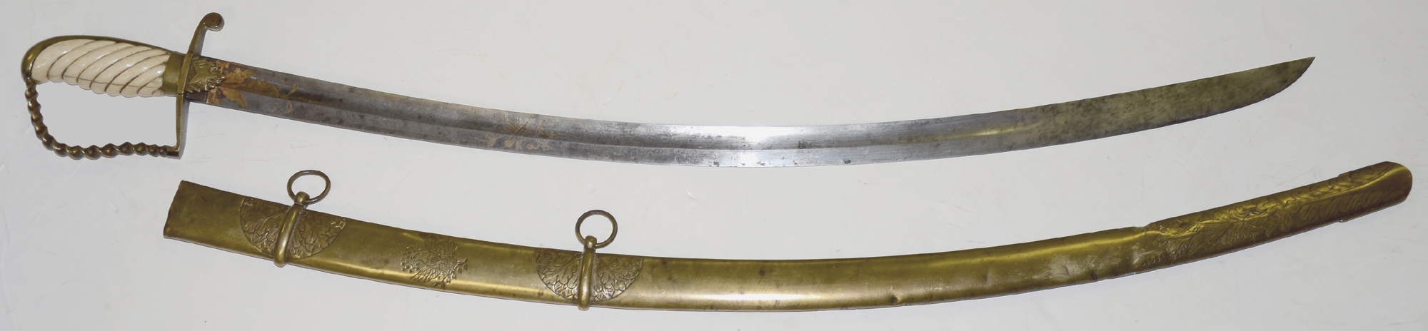 CIRCA 1820-30 MOUNTED OFFICER’S SABRE WITH ENGRAVED BRASS SCABBARD