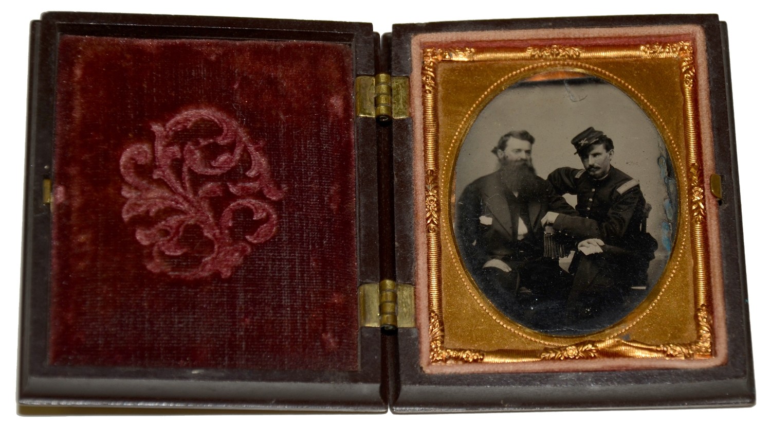 IDENTIFIED 9TH PLATE TINTYPE OF A GETTYSBURG RESIDENT SERVING AS AN OFFICER IN THE UNION ARMY - POSED WITH A COMPANION THAT APPEARS TO BE BLIND 