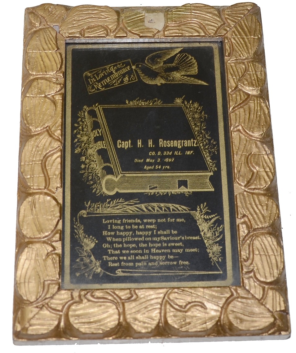 FRAMED MEMORIAL CARD FOR CAPTAIN H.H. ROSENGRANTZ, 33RD ILL. INF.