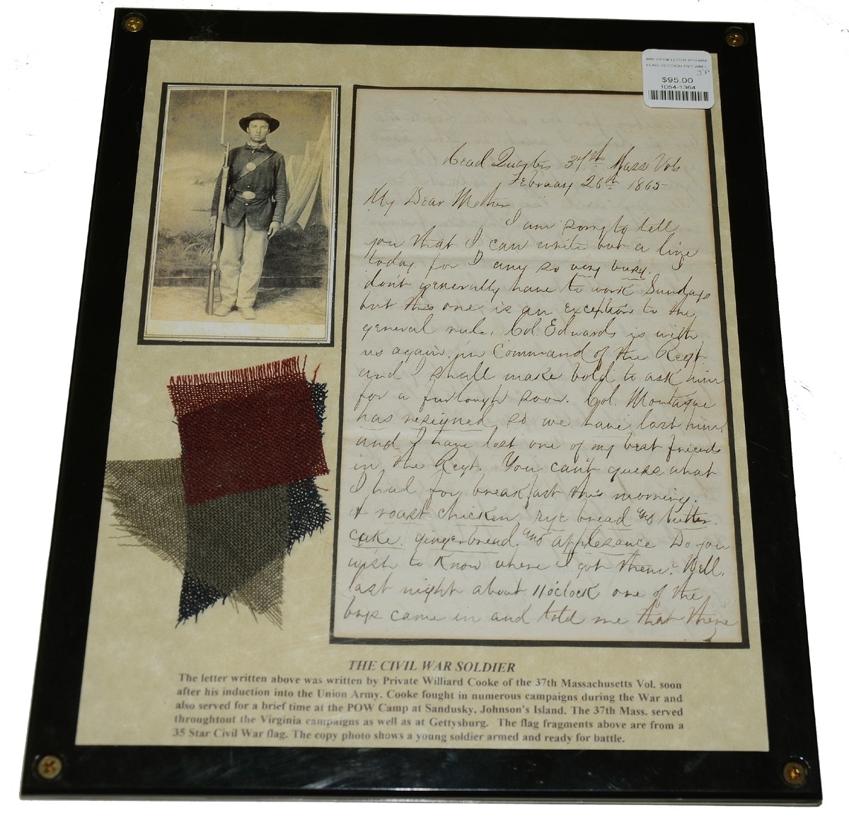 SOLDIER LETTER - CORPORAL WILLARD S. COOKE, 37th MASSACHUSETTS INFANTRY
