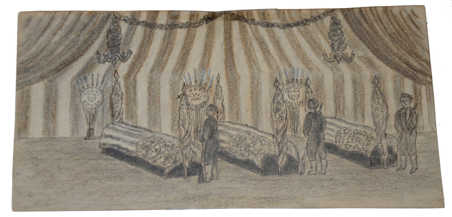 PERIOD PENCIL SKETCH OF THE BODIES OF MAJ. SULLIVAN BALLOU, COL. SLOCUM, AND CAPT. TOWER LYING IN STATE IN PROVIDENCE 1862