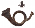 RELIC US INFANTRY HORN INSIGNIA W/ 4TH REGIMENT NUMERAL, RECOVERED FROM WASHINGTON, DC, 4TH CONNECTICUT CAMP